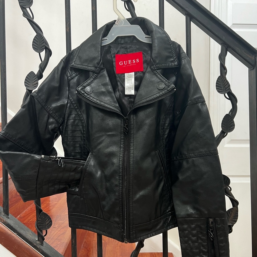 Guess Black Faux Leather Motorcycle Jacket for 7-9 year old girls